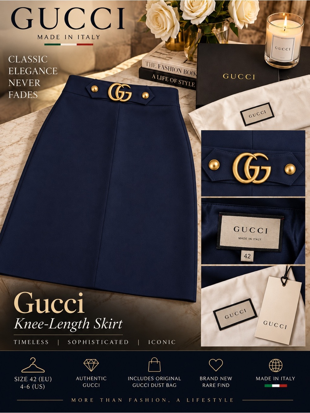 Gucci SZ 42- 4-6 us navy blue knee length brand new